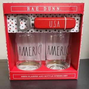NWT Unopened Rae Dunn Patriotic Beer Glasses and Bottle Opener *Great Gift 🎁